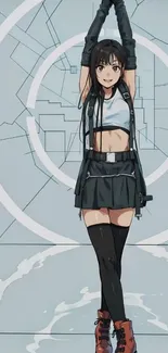 Anime girl in a stylish outfit with dynamic circular background.