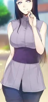 Anime girl in lavender summer outfit, elegant and serene.