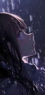 Anime girl looks up at rain under a dark, starry sky.