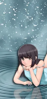 Anime girl lying in calm teal waters with ripples and sparkles.