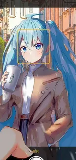 Anime girl with blue hair in an urban setting, holding coffee.