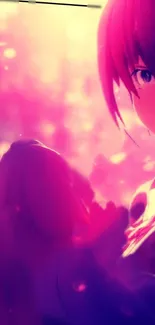 Anime girl in vibrant pink and purple with bokeh light effects.