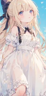 Anime girl in a white dress against a blue sky background.