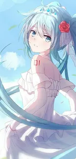 Anime girl with blue hair and white dress under a blue sky.