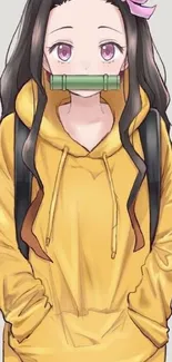 Anime girl in a yellow hoodie with a unique expression.