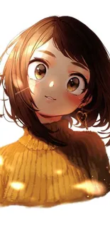 Anime girl in yellow sweater with charming expression.