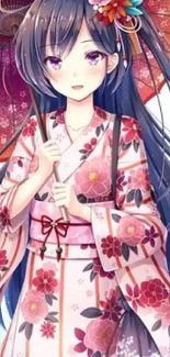 Anime girl in floral kimono with parasol.