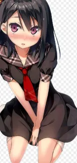 Anime girl kneeling with vibrant colors and a red tie.