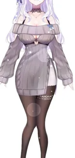 Anime girl in lavender-themed stylish outfit.