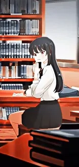 Anime girl sitting in a library with bookshelves in the background.