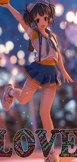 Anime girl with love theme text and bokeh background.