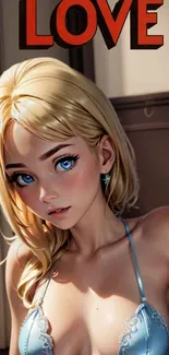 Anime artwork with a blonde character and blue eyes.