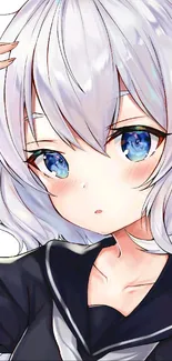 Anime girl with silver hair and blue eyes in a sailor-style outfit.