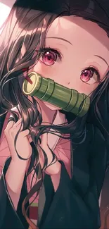 Anime girl with bamboo in mouth, pink color scheme.