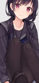 Anime girl in gray outfit sits with soft expression.