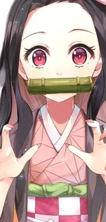 Anime girl with pink eyes and bamboo muzzle, mobile wallpaper.