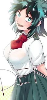 Anime girl with teal hair, red tie, and school uniform on a mobile wallpaper.