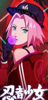 Anime girl with pink hair and red jacket on vibrant wallpaper.