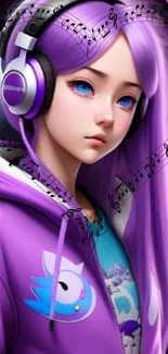 Anime girl with headphones and purple hair, surrounded by musical notes.