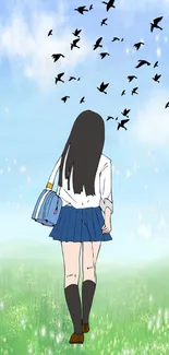 Anime girl walking in nature with birds in the sky.