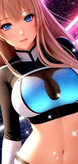 Anime girl in futuristic outfit with neon background.