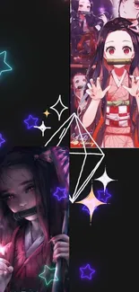 Anime girl with neon stars and artistic design on phone wallpaper.