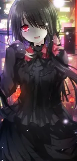 Anime girl in gothic dress with neon street background.