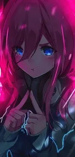 Anime girl with neon pink hair and blue eyes in a vibrant background.