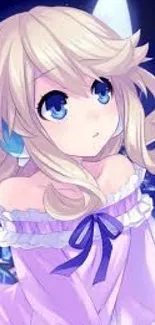 Anime girl with blue eyes under a starry night sky in a purple dress.