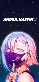 Anime girl with violet hair under a starry night sky theme.