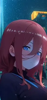 Anime girl with red hair in a city at night.