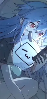 Anime girl with blue hair and phone in nighttime setting.