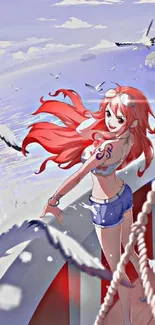 Anime girl with red hair enjoying the ocean view on a boat.