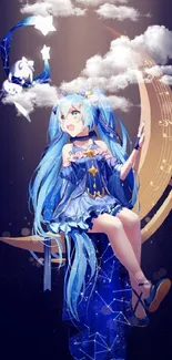 Anime girl with blue hair on crescent moon.