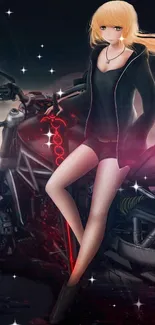 Anime girl poses on motorcycle with glowing stars.