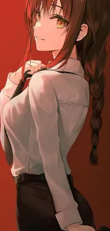 Anime girl with braided hair against a red background mobile wallpaper.