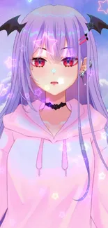 Anime girl with pastel hair and bat accessory in vibrant hues.