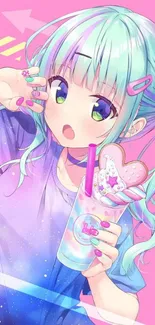 Anime girl with pastel colors and a playful expression holding a drink.