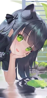 Anime girl with cat ears, green eyes, and a pond reflection.