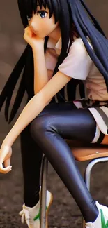 Anime girl with long black hair sits pensively on a chair.