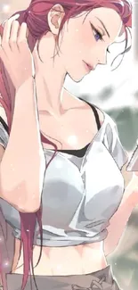 Anime girl with pink hair using a mobile phone, elegant style.