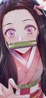 Anime girl with pink aesthetic and bamboo in her mouth.