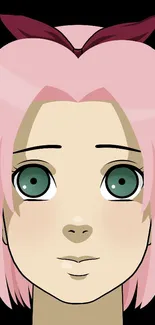 Anime girl with pink hair and turquoise eyes on a black background.