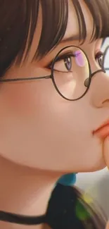 Anime girl with glasses, profile view with peach tones.