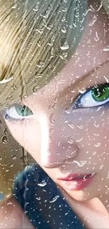 Anime girl with blonde hair looking through raindrop-splattered glass.