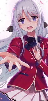 Anime girl in red outfit reaching out with a smile.