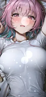 Anime girl with pink hair resting in a white shirt.