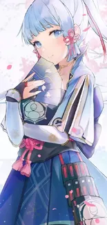 Anime girl with sakura petals and blue hues.