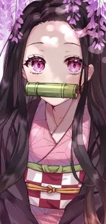 Anime girl with sakura blossoms and long dark hair, pink background.