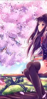 Anime girl sitting under pink cherry blossoms in a serene setting.